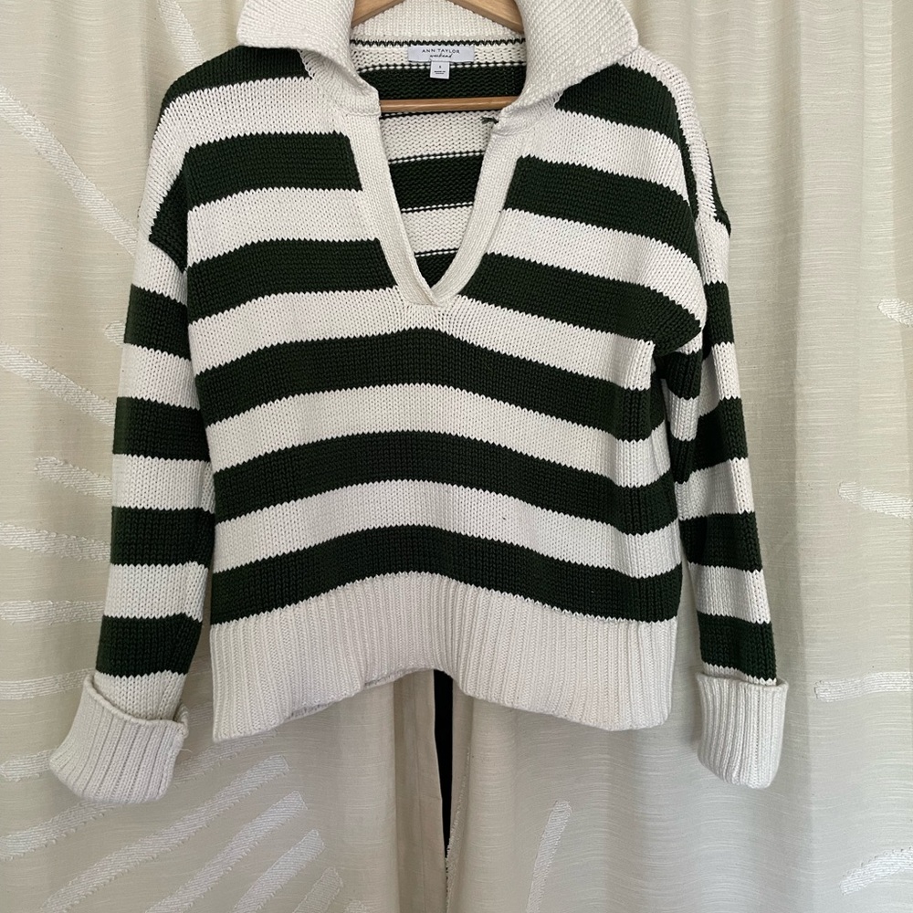 Preppy V-Neck Rugby Sweater - Green & Cream